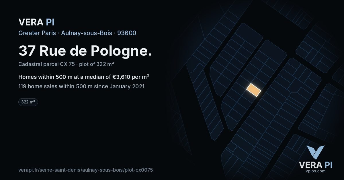 37 Rue de Pologne, Aulnay-sous-Bois at night – the plot lit, the parcels around coloured by the prices near them