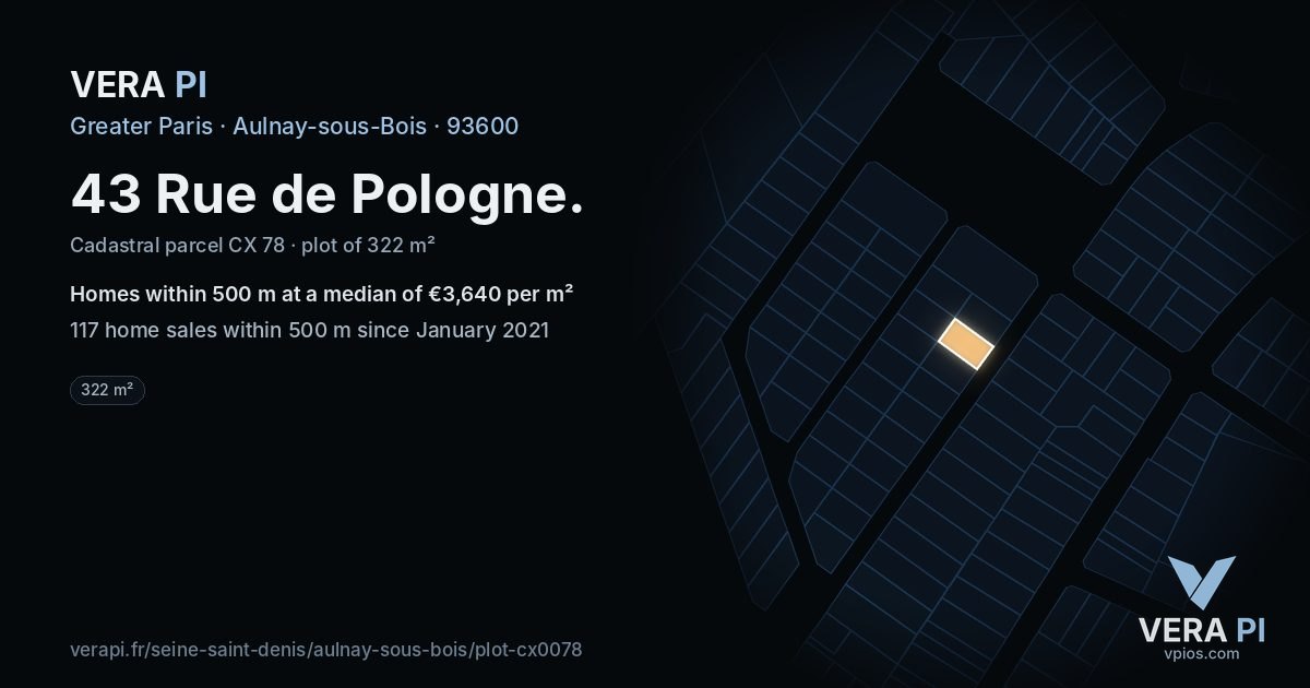 43 Rue de Pologne, Aulnay-sous-Bois at night – the plot lit, the parcels around coloured by the prices near them