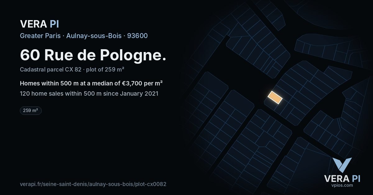 60 Rue de Pologne, Aulnay-sous-Bois at night – the plot lit, the parcels around coloured by the prices near them