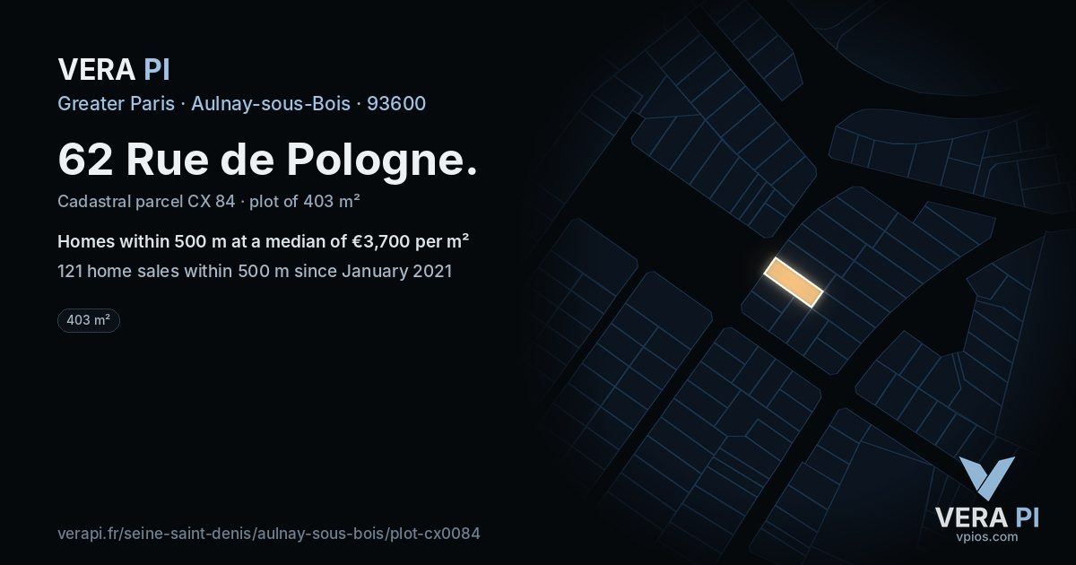 62 Rue de Pologne, Aulnay-sous-Bois at night – the plot lit, the parcels around coloured by the prices near them