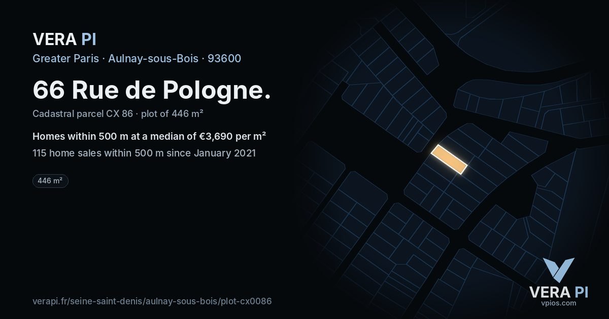 66 Rue de Pologne, Aulnay-sous-Bois at night – the plot lit, the parcels around coloured by the prices near them