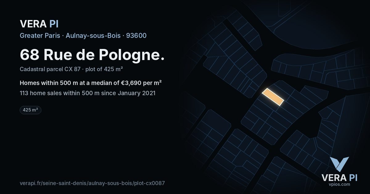 68 Rue de Pologne, Aulnay-sous-Bois at night – the plot lit, the parcels around coloured by the prices near them