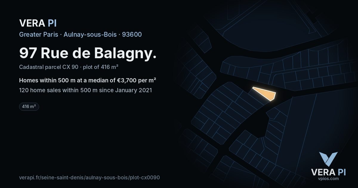 97 Rue de Balagny, Aulnay-sous-Bois at night – the plot lit, the parcels around coloured by the prices near them