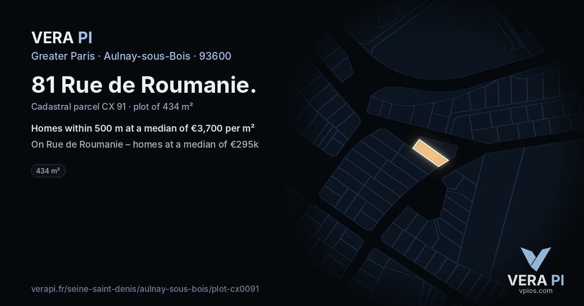 81 Rue de Roumanie, Aulnay-sous-Bois at night – the plot lit, the parcels around coloured by the prices near them