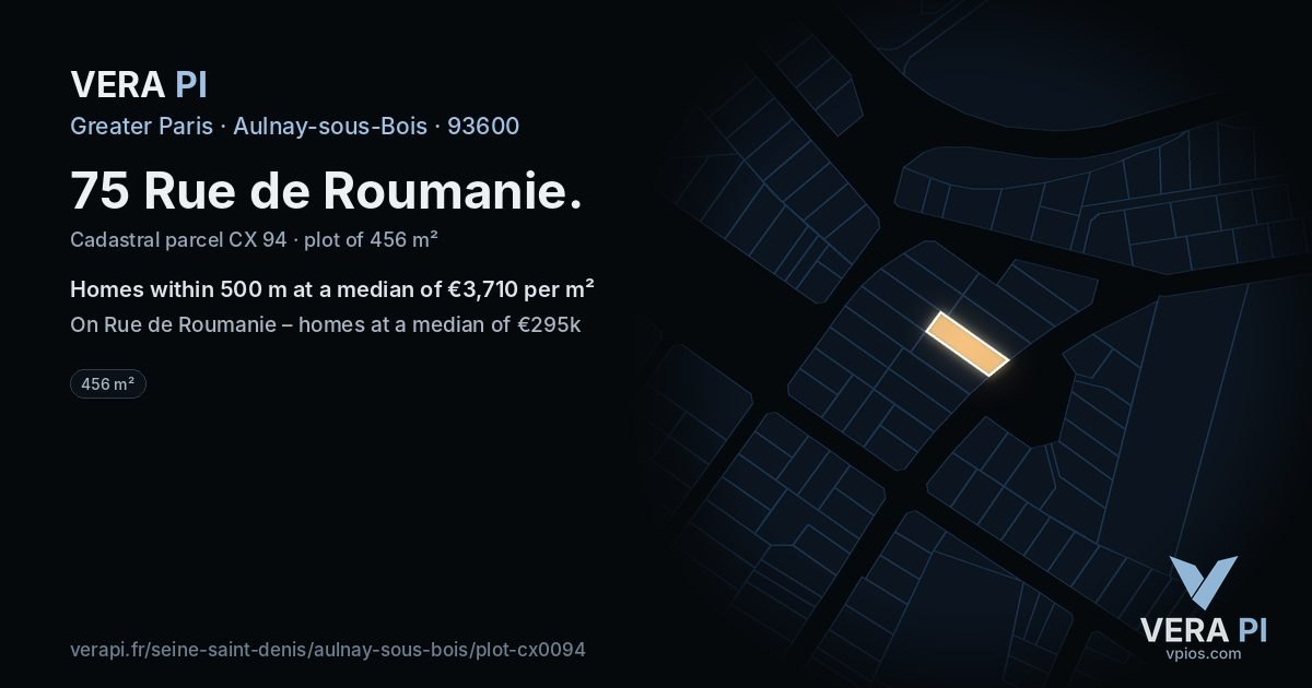 75 Rue de Roumanie, Aulnay-sous-Bois at night – the plot lit, the parcels around coloured by the prices near them