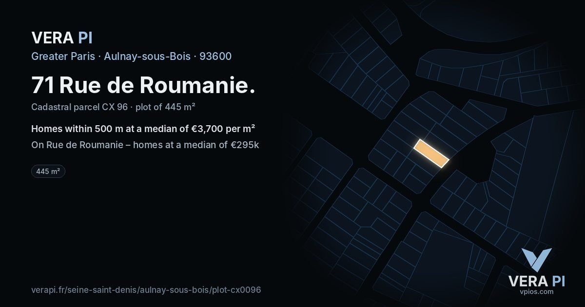 71 Rue de Roumanie, Aulnay-sous-Bois at night – the plot lit, the parcels around coloured by the prices near them