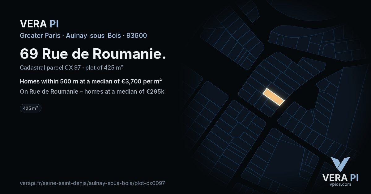 69 Rue de Roumanie, Aulnay-sous-Bois at night – the plot lit, the parcels around coloured by the prices near them