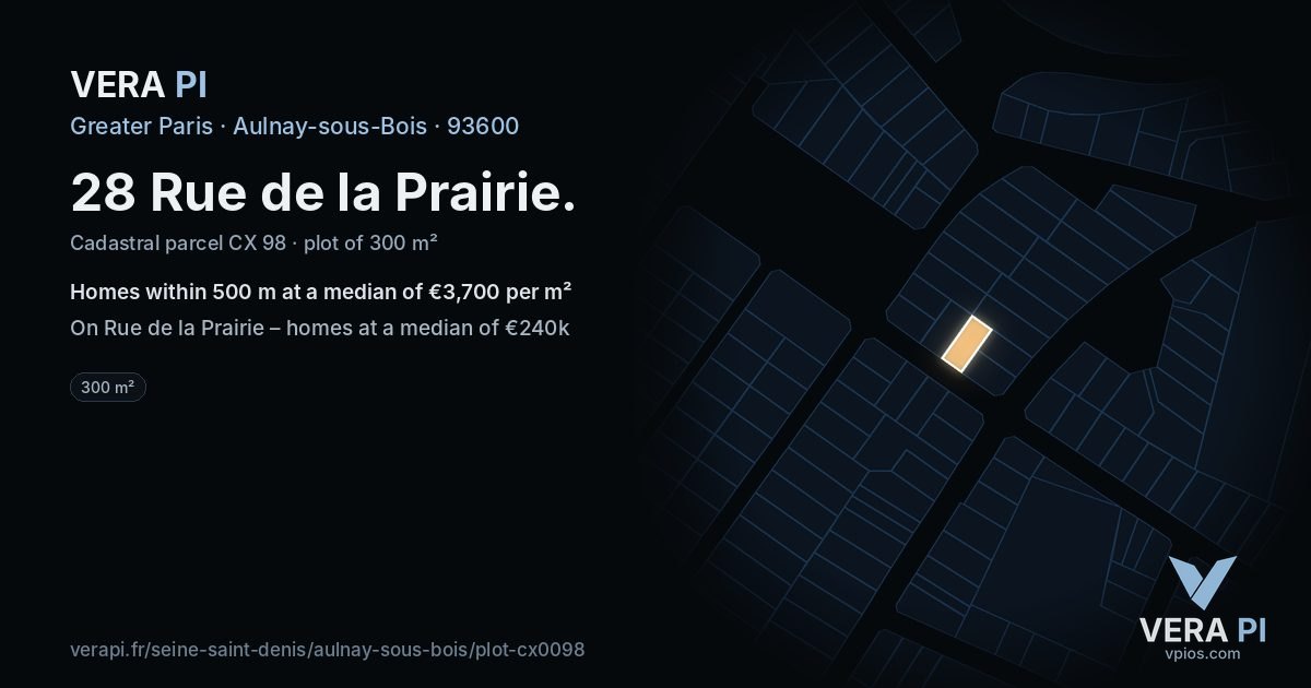 28 Rue de la Prairie, Aulnay-sous-Bois at night – the plot lit, the parcels around coloured by the prices near them