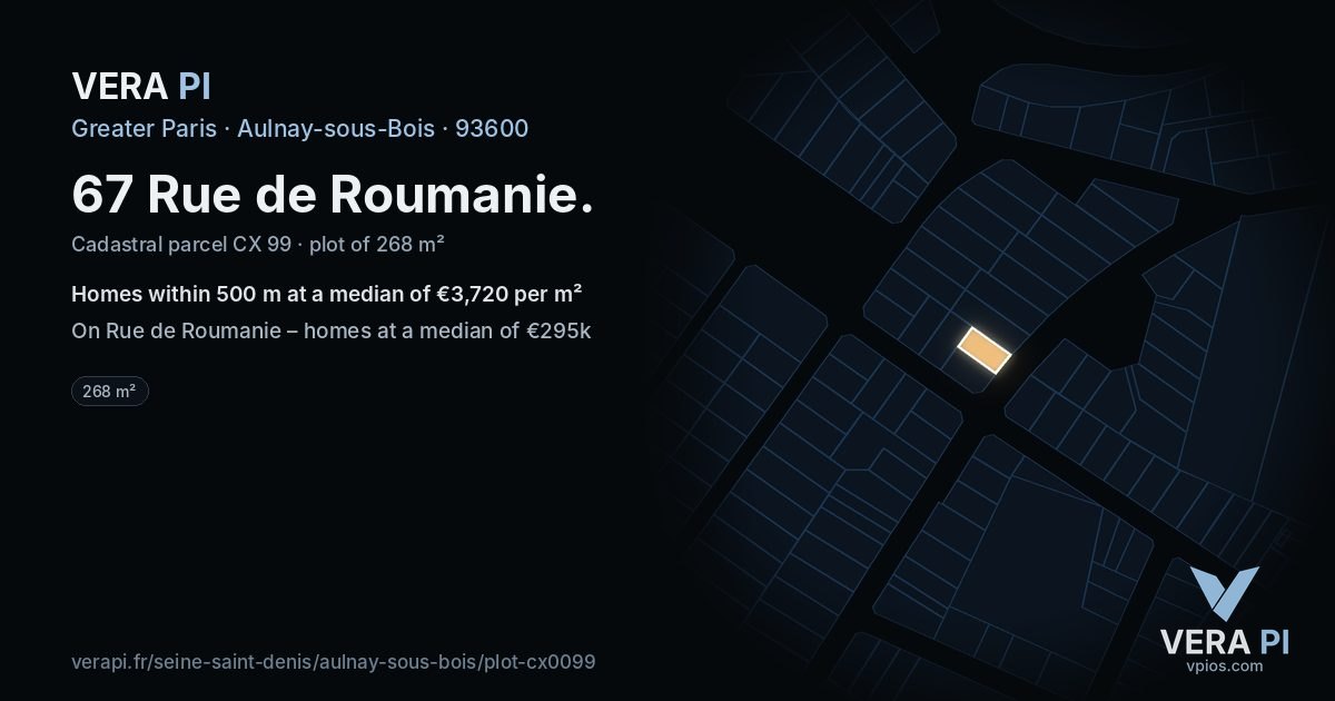 67 Rue de Roumanie, Aulnay-sous-Bois at night – the plot lit, the parcels around coloured by the prices near them