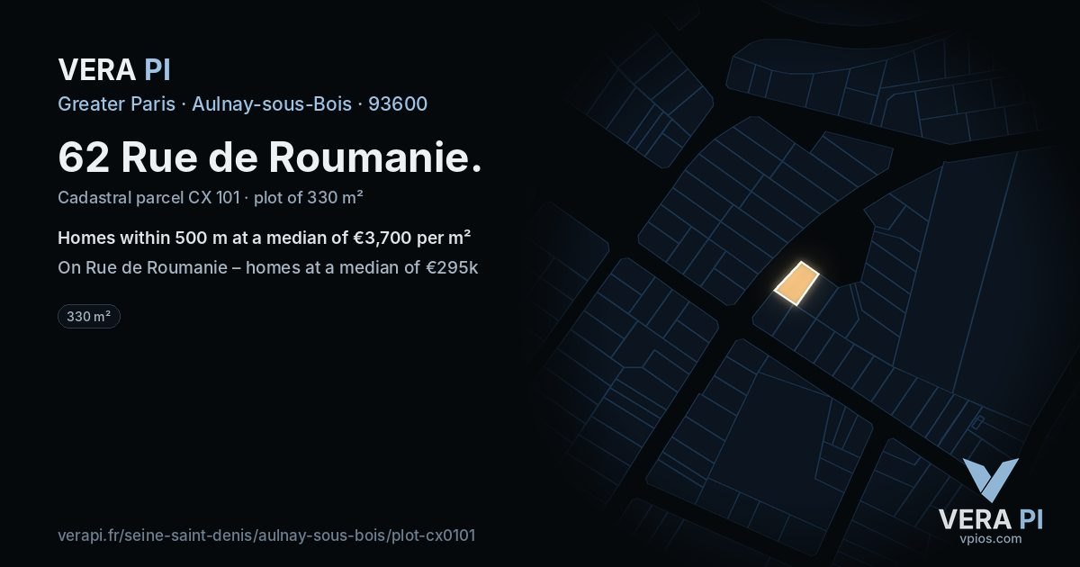 62 Rue de Roumanie, Aulnay-sous-Bois at night – the plot lit, the parcels around coloured by the prices near them