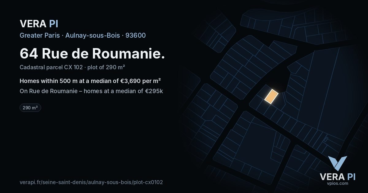 64 Rue de Roumanie, Aulnay-sous-Bois at night – the plot lit, the parcels around coloured by the prices near them