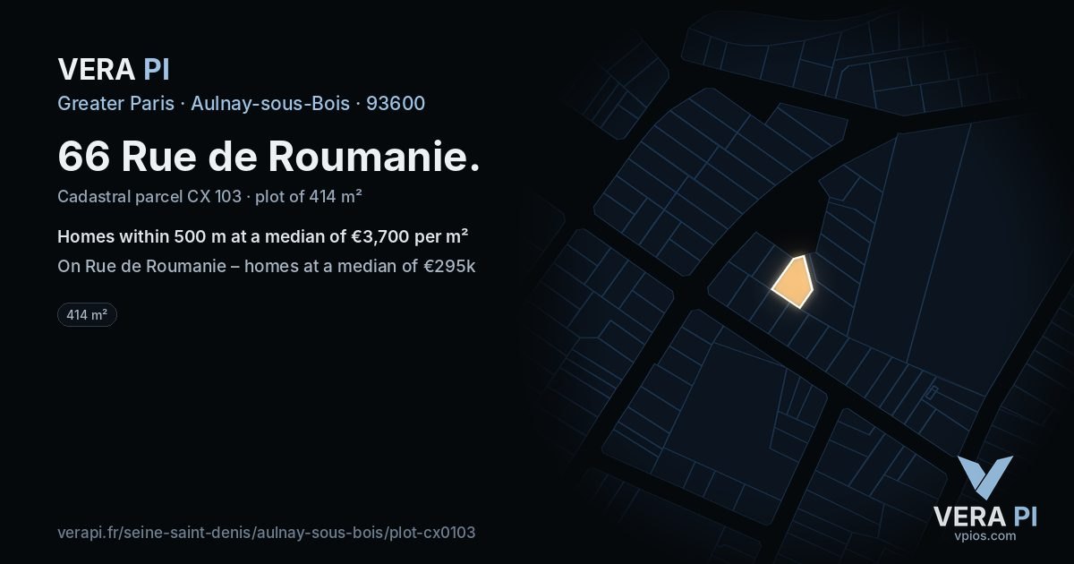66 Rue de Roumanie, Aulnay-sous-Bois at night – the plot lit, the parcels around coloured by the prices near them