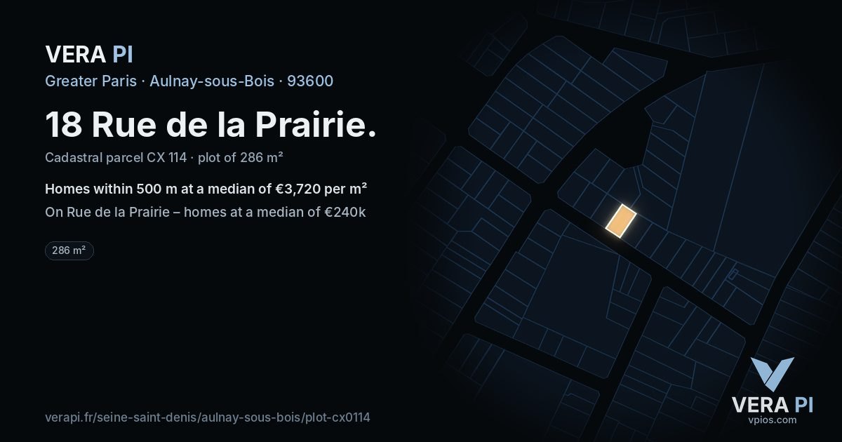 18 Rue de la Prairie, Aulnay-sous-Bois at night – the plot lit, the parcels around coloured by the prices near them
