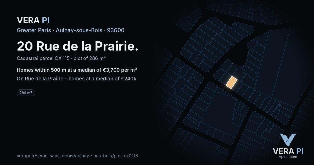 20 Rue de la Prairie, Aulnay-sous-Bois at night – the plot lit, the parcels around coloured by the prices near them
