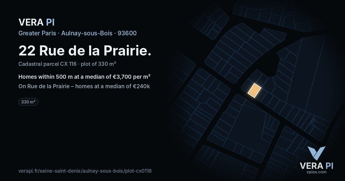 22 Rue de la Prairie, Aulnay-sous-Bois at night – the plot lit, the parcels around coloured by the prices near them