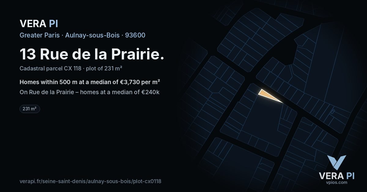 13 Rue de la Prairie, Aulnay-sous-Bois at night – the plot lit, the parcels around coloured by the prices near them