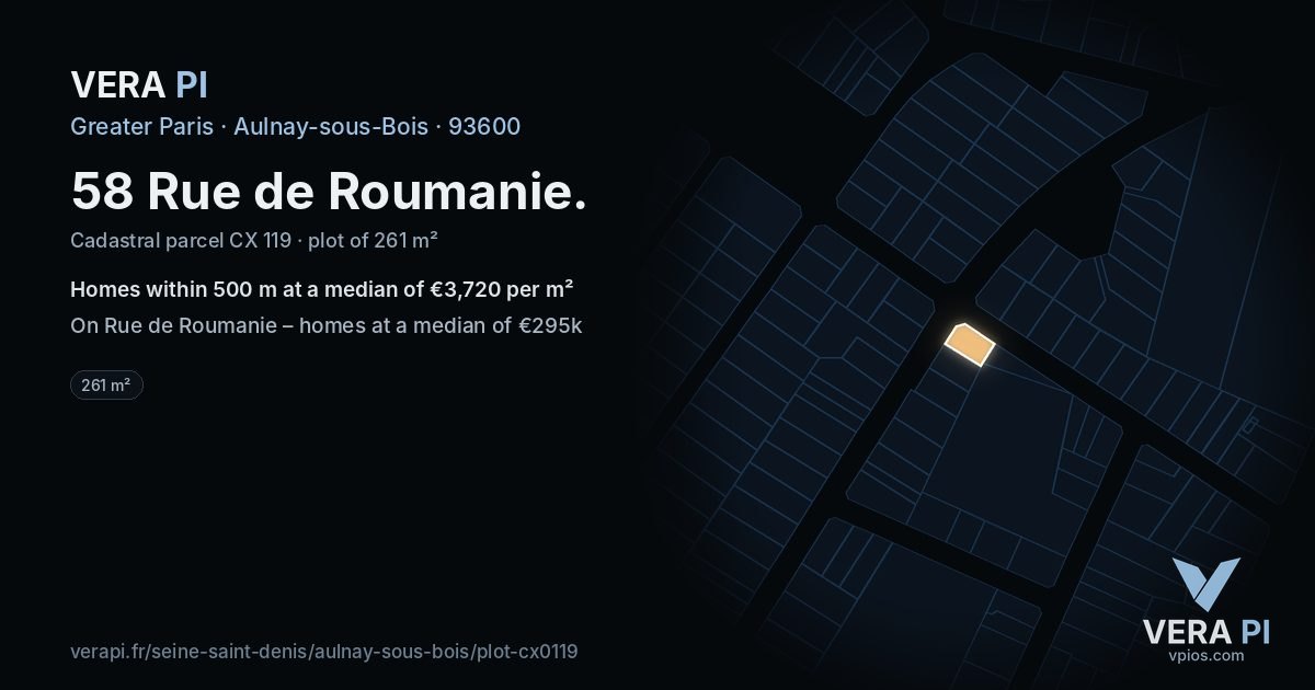 58 Rue de Roumanie, Aulnay-sous-Bois at night – the plot lit, the parcels around coloured by the prices near them