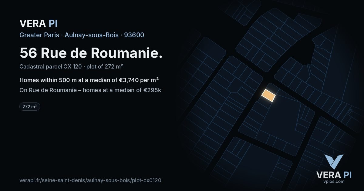 56 Rue de Roumanie, Aulnay-sous-Bois at night – the plot lit, the parcels around coloured by the prices near them
