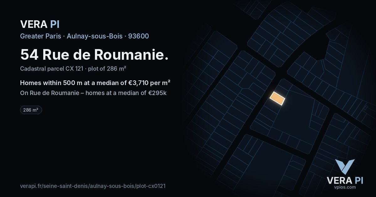 54 Rue de Roumanie, Aulnay-sous-Bois at night – the plot lit, the parcels around coloured by the prices near them