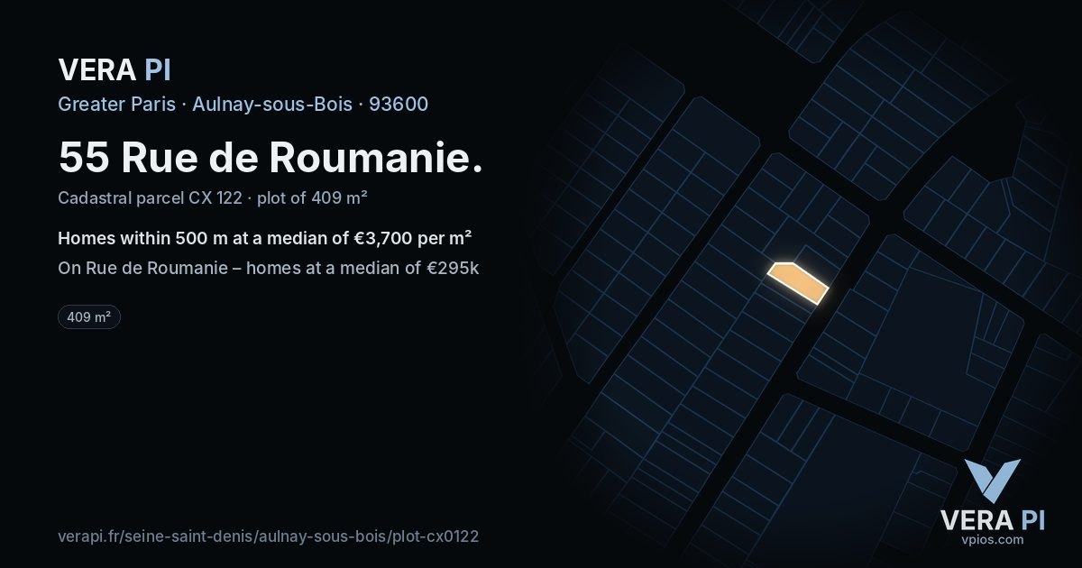 55 Rue de Roumanie, Aulnay-sous-Bois at night – the plot lit, the parcels around coloured by the prices near them
