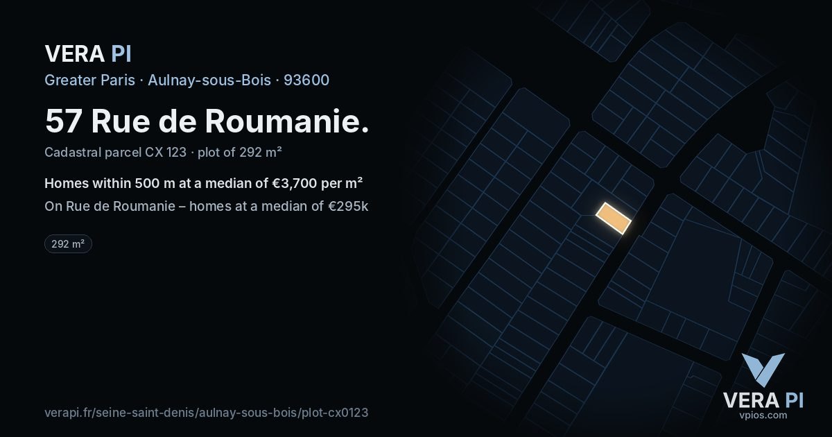 57 Rue de Roumanie, Aulnay-sous-Bois at night – the plot lit, the parcels around coloured by the prices near them