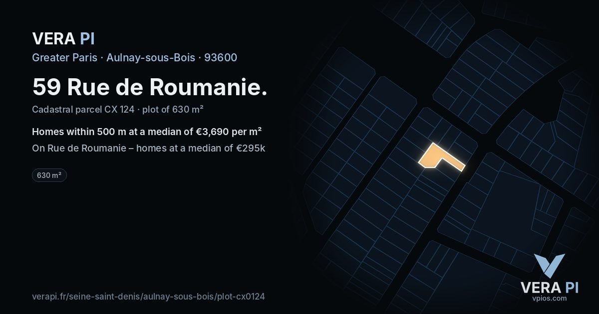 59 Rue de Roumanie, Aulnay-sous-Bois at night – the plot lit, the parcels around coloured by the prices near them