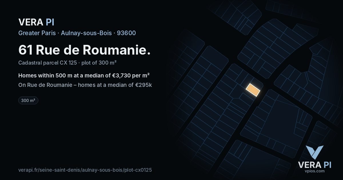61 Rue de Roumanie, Aulnay-sous-Bois at night – the plot lit, the parcels around coloured by the prices near them
