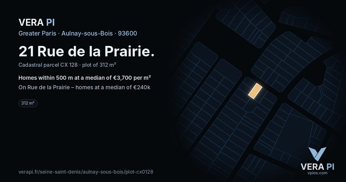 21 Rue de la Prairie, Aulnay-sous-Bois at night – the plot lit, the parcels around coloured by the prices near them