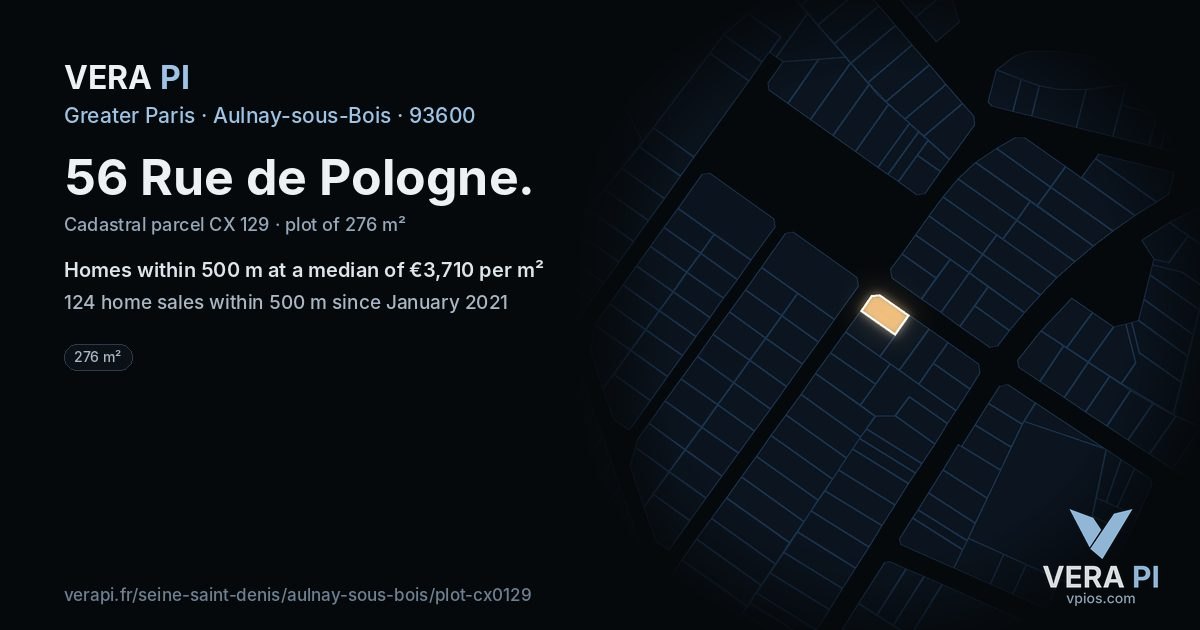 56 Rue de Pologne, Aulnay-sous-Bois at night – the plot lit, the parcels around coloured by the prices near them