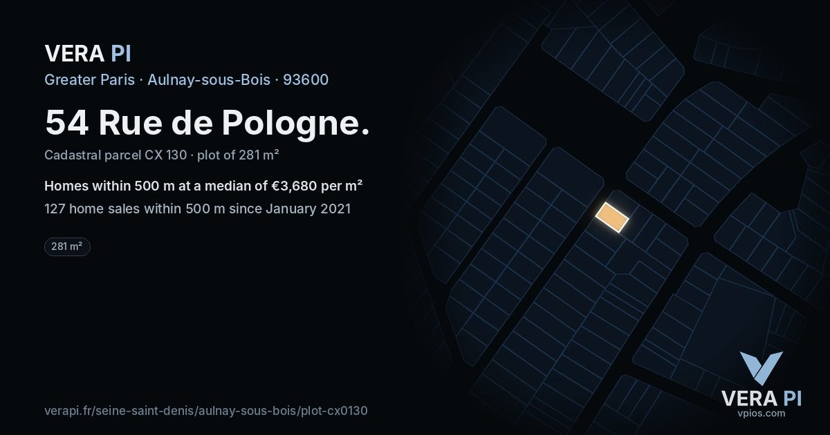 54 Rue de Pologne, Aulnay-sous-Bois at night – the plot lit, the parcels around coloured by the prices near them