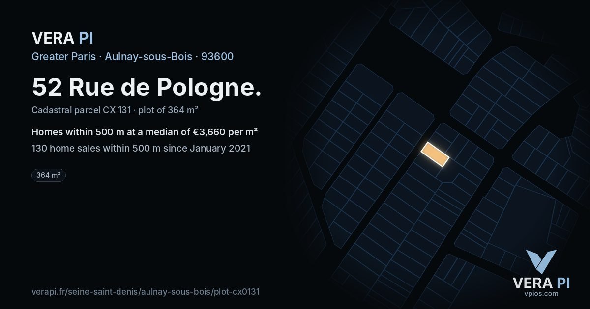 52 Rue de Pologne, Aulnay-sous-Bois at night – the plot lit, the parcels around coloured by the prices near them