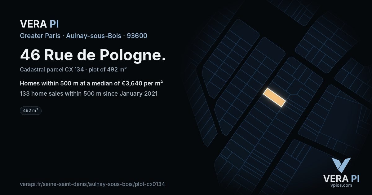 46 Rue de Pologne, Aulnay-sous-Bois at night – the plot lit, the parcels around coloured by the prices near them