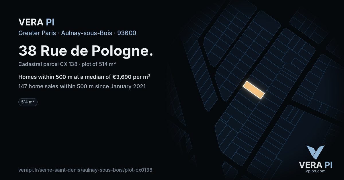 38 Rue de Pologne, Aulnay-sous-Bois at night – the plot lit, the parcels around coloured by the prices near them