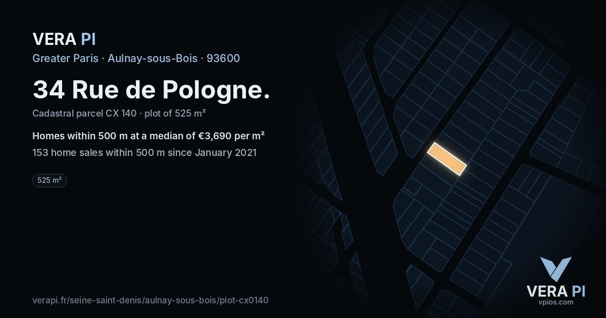 34 Rue de Pologne, Aulnay-sous-Bois at night – the plot lit, the parcels around coloured by the prices near them