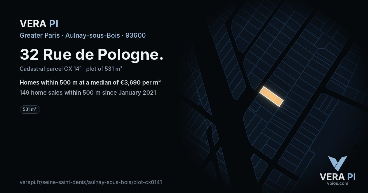 32 Rue de Pologne, Aulnay-sous-Bois at night – the plot lit, the parcels around coloured by the prices near them