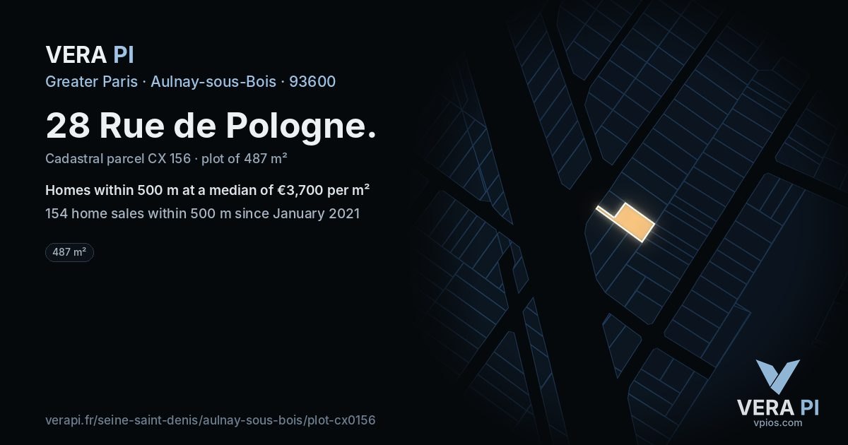 28 Rue de Pologne, Aulnay-sous-Bois at night – the plot lit, the parcels around coloured by the prices near them