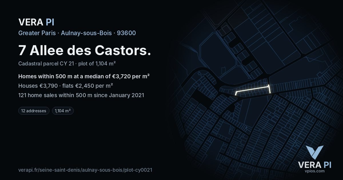 7 Allee des Castors, Aulnay-sous-Bois at night – the plot lit, the parcels around coloured by the prices near them