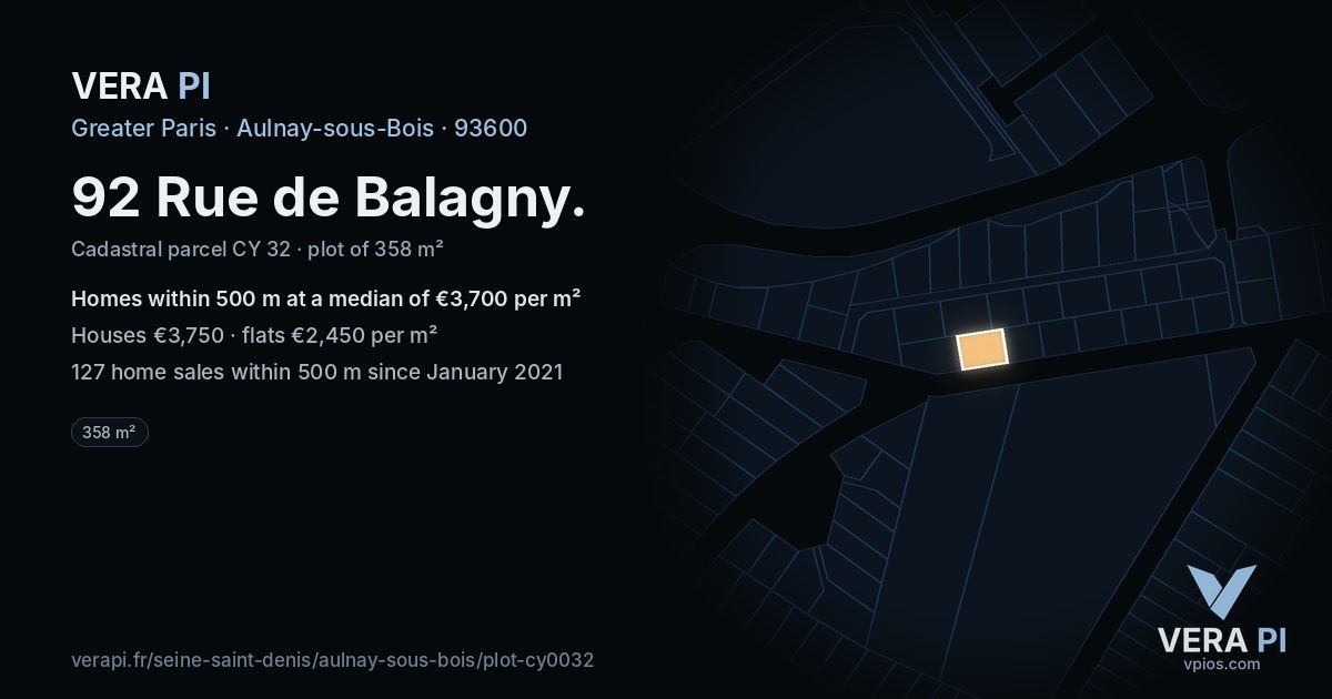 92 Rue de Balagny, Aulnay-sous-Bois at night – the plot lit, the parcels around coloured by the prices near them
