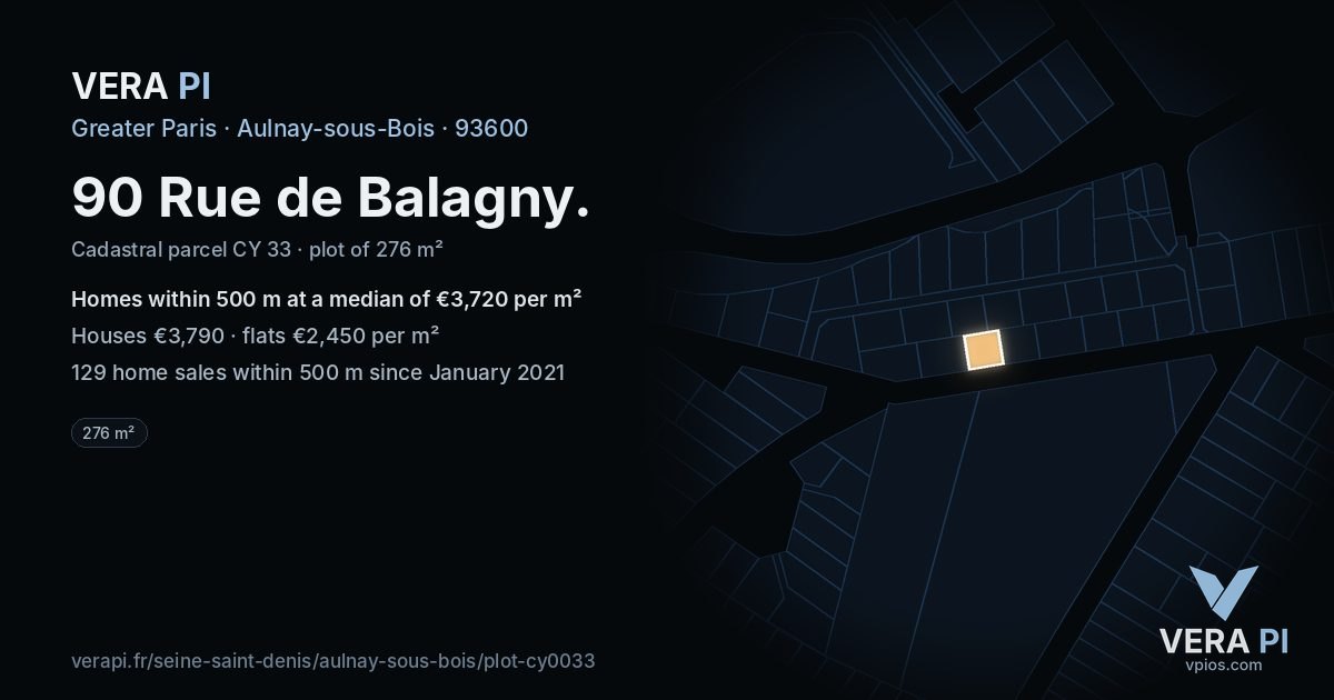 90 Rue de Balagny, Aulnay-sous-Bois at night – the plot lit, the parcels around coloured by the prices near them