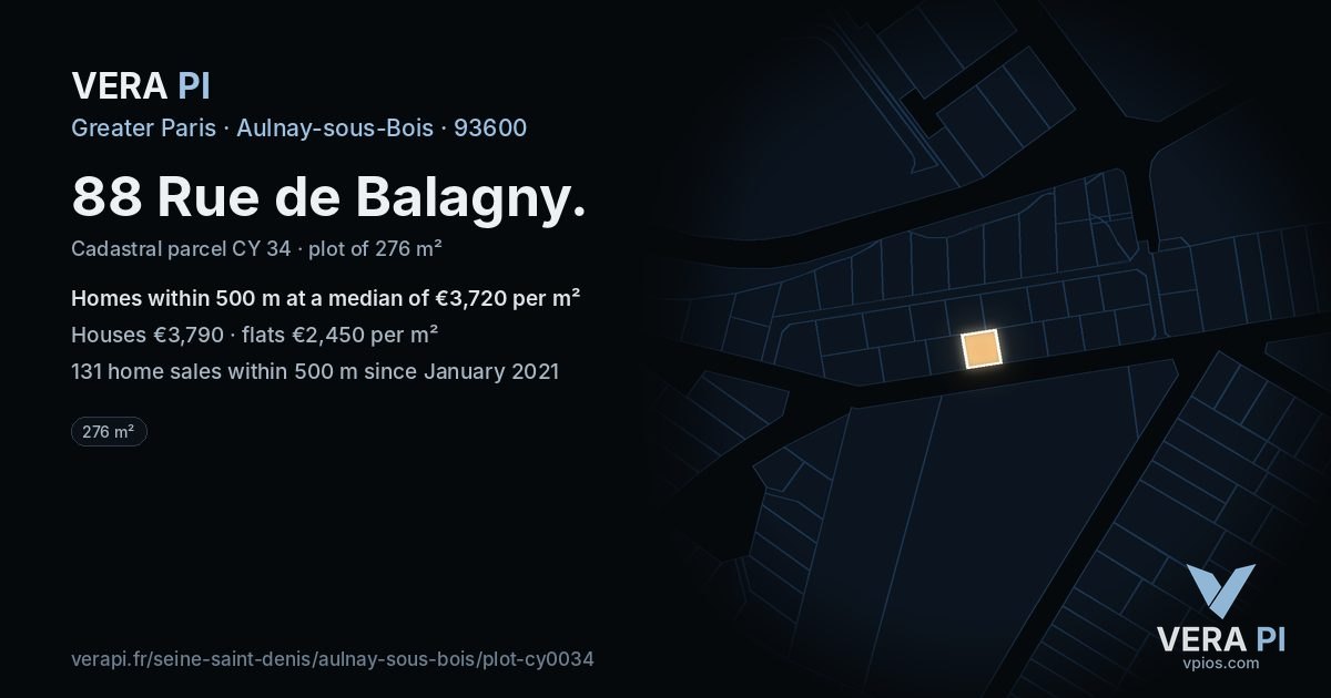 88 Rue de Balagny, Aulnay-sous-Bois at night – the plot lit, the parcels around coloured by the prices near them