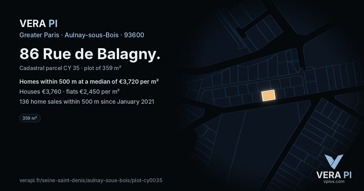86 Rue de Balagny, Aulnay-sous-Bois at night – the plot lit, the parcels around coloured by the prices near them