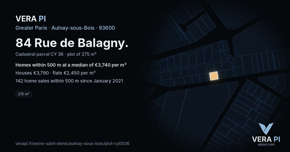 84 Rue de Balagny, Aulnay-sous-Bois at night – the plot lit, the parcels around coloured by the prices near them