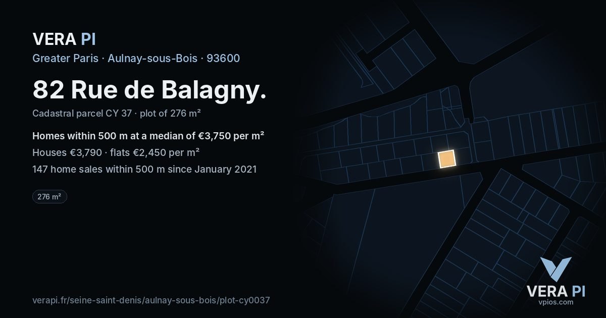 82 Rue de Balagny, Aulnay-sous-Bois at night – the plot lit, the parcels around coloured by the prices near them