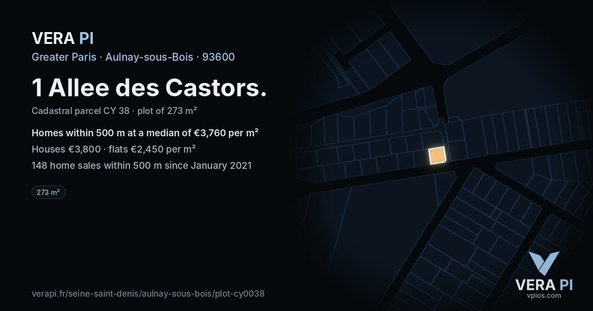 1 Allee des Castors, Aulnay-sous-Bois at night – the plot lit, the parcels around coloured by the prices near them