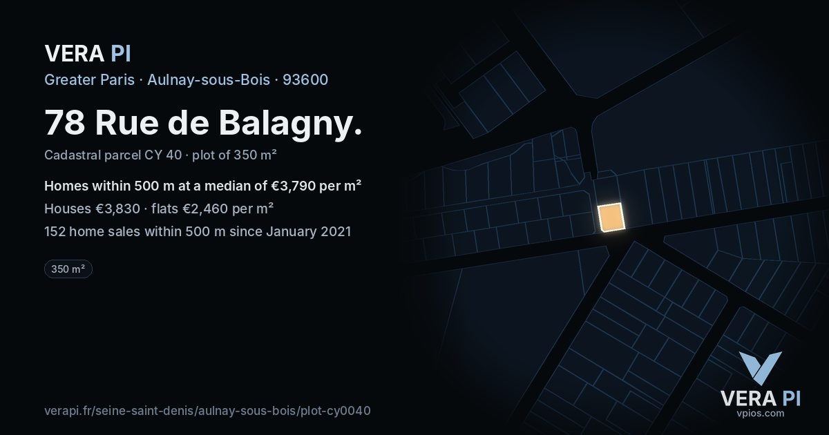 78 Rue de Balagny, Aulnay-sous-Bois at night – the plot lit, the parcels around coloured by the prices near them