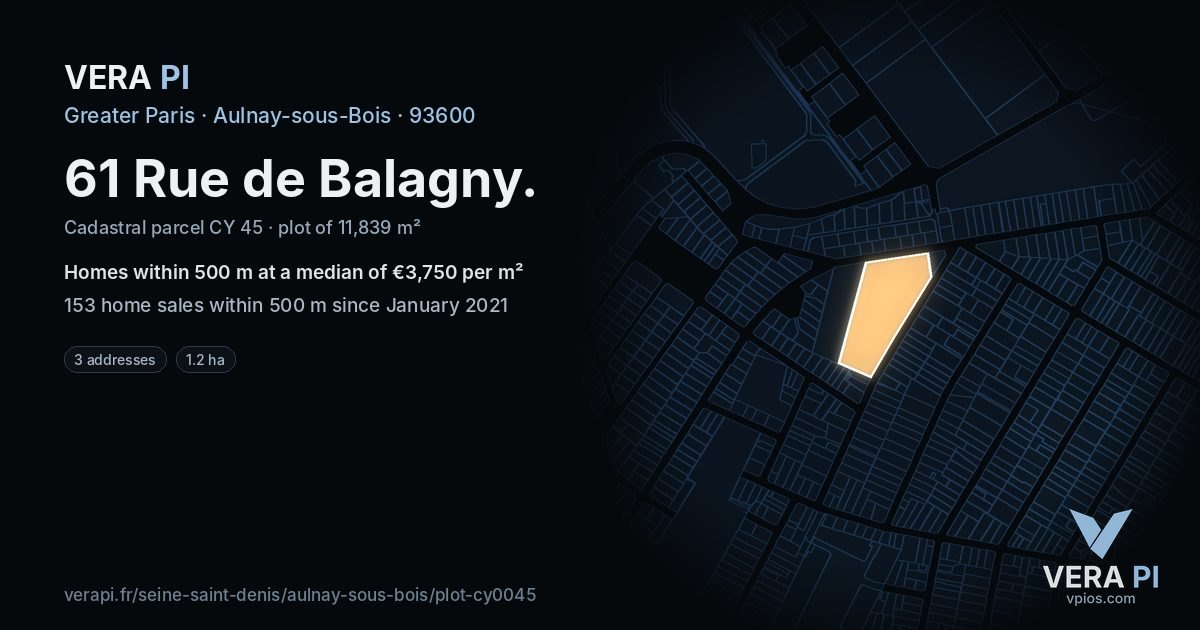 61 Rue de Balagny, Aulnay-sous-Bois at night – the plot lit, the parcels around coloured by the prices near them