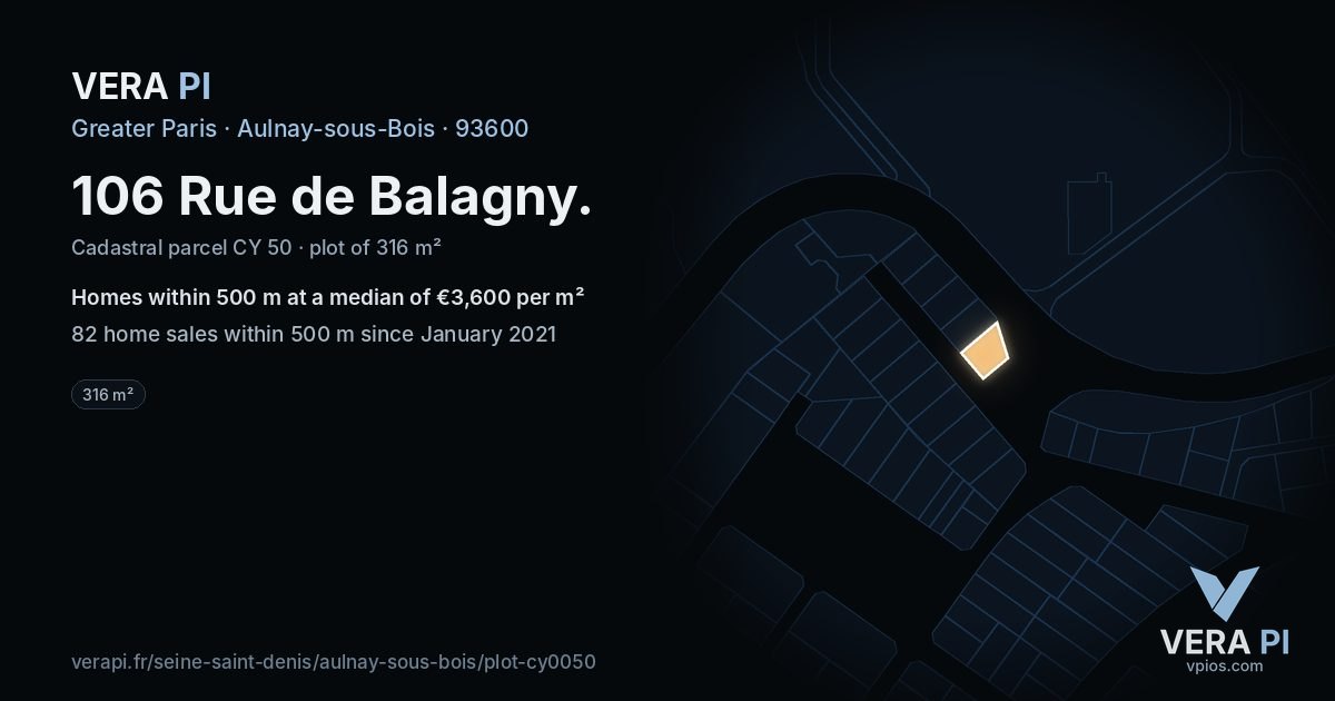 106 Rue de Balagny, Aulnay-sous-Bois at night – the plot lit, the parcels around coloured by the prices near them
