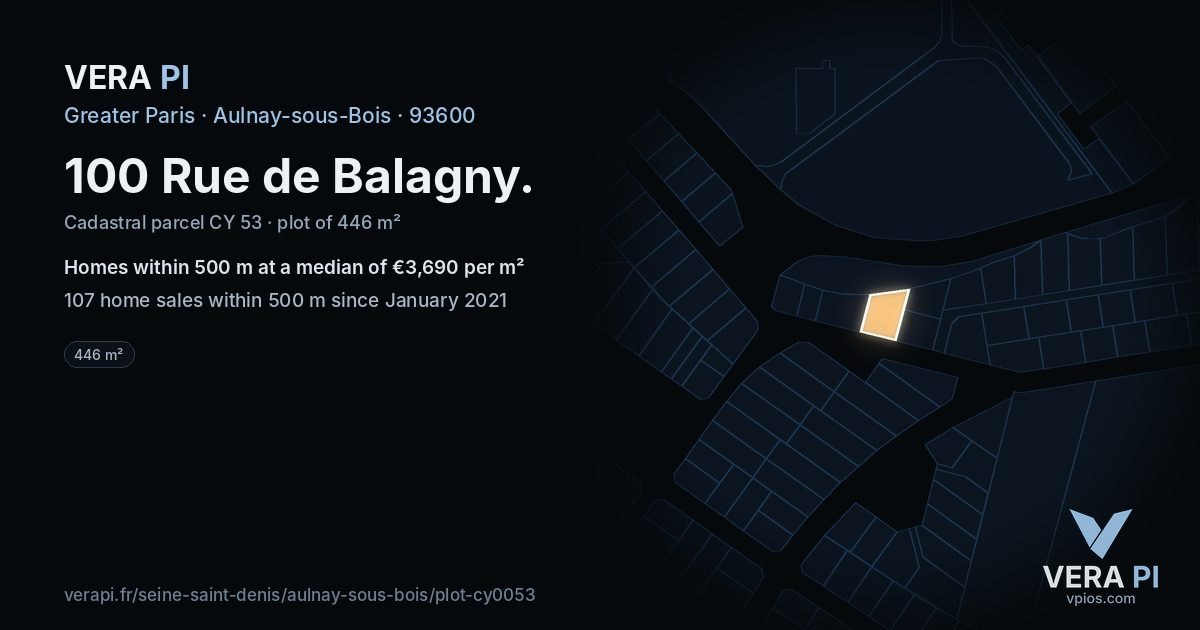 100 Rue de Balagny, Aulnay-sous-Bois at night – the plot lit, the parcels around coloured by the prices near them
