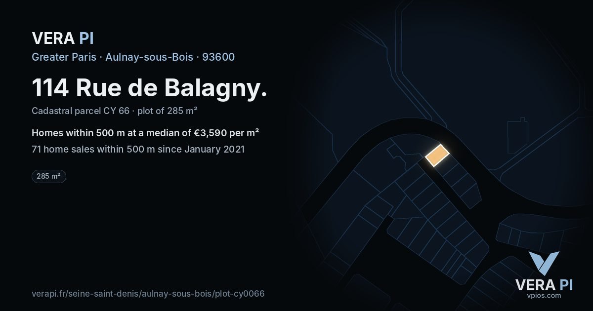 114 Rue de Balagny, Aulnay-sous-Bois at night – the plot lit, the parcels around coloured by the prices near them