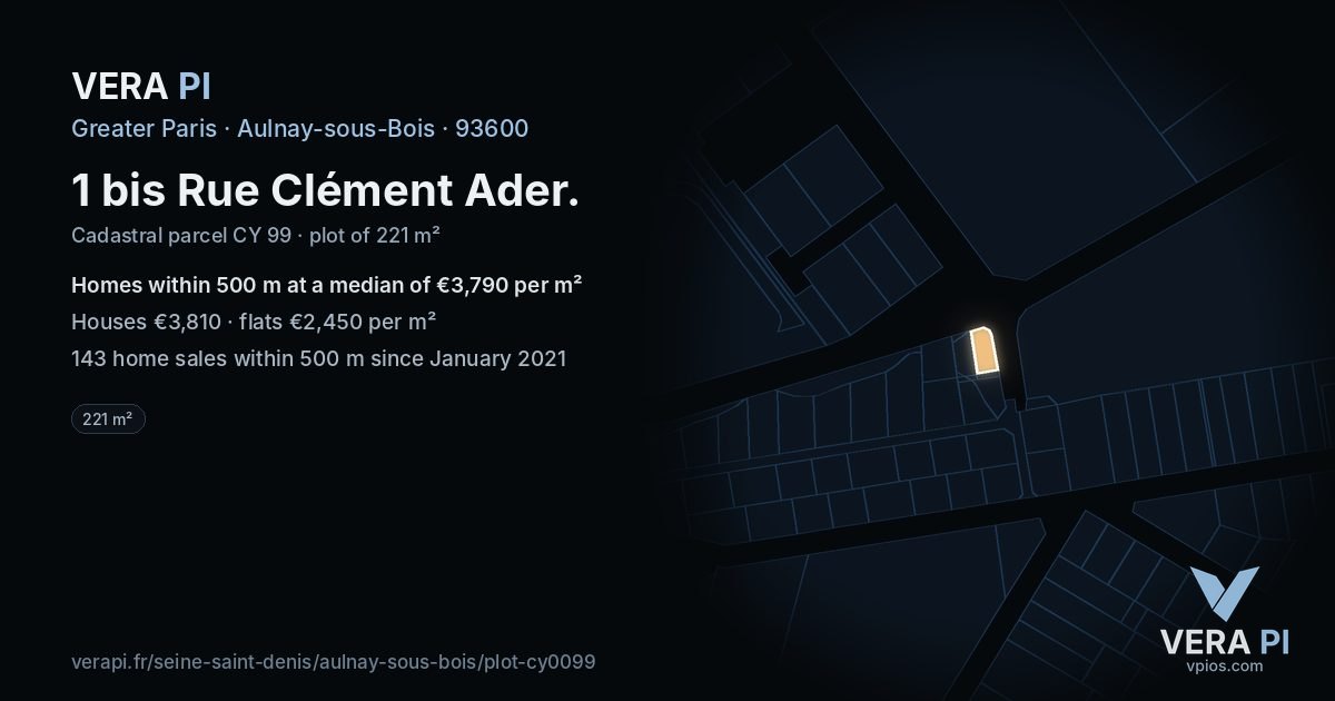 1 bis Rue Clément Ader, Aulnay-sous-Bois at night – the plot lit, the parcels around coloured by the prices near them